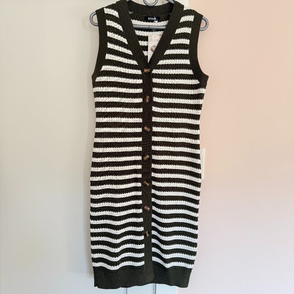 NWT BTFBM Long V-Neck Vest Dress White Olive Green Striped Size M